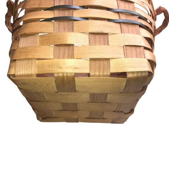 Large Handmade PETERBORO BASKET CO Amish Basket, Wood w/ Leather Braided Handles - Picture 7 of 13